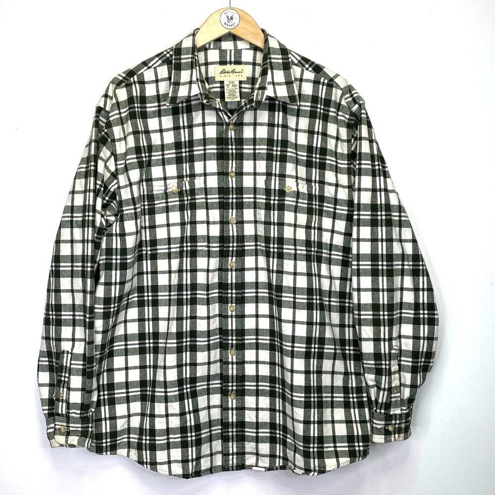 Eddie Bauer Green Plaid Flannel Button Up Shirt Mens Tall XL Heavyweight Vintage
